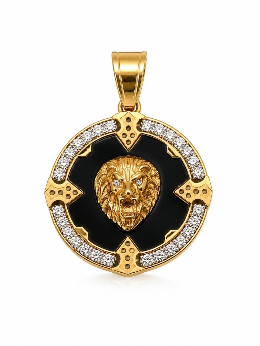 Gold Lion Head Black Enamel Pendant